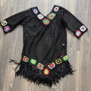 Elegant Black Crochet Swim Coverup with Multicolor Details